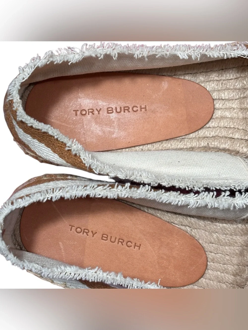Tory Burch NWOT Fray Stripe Espadrille Flats Tan & White Shoes Womens Size US 8